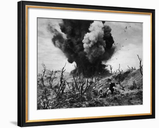 US Marines Crouching Behind Hillside Rock Cover, Blowing Up Cave Connected to Japanese Blockhouse-W^ Eugene Smith-Framed Photographic Print