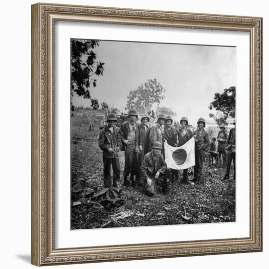 US Marines Holding Japanese Flag Captured During First Days of the Saipan Offensive-Peter Stackpole-Framed Photographic Print