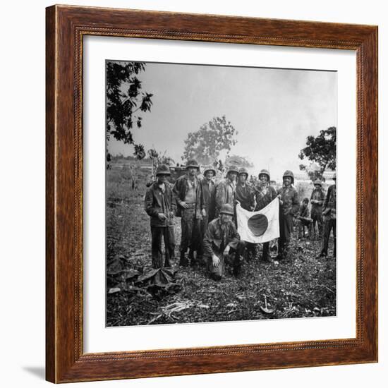 US Marines Holding Japanese Flag Captured During First Days of the Saipan Offensive-Peter Stackpole-Framed Photographic Print