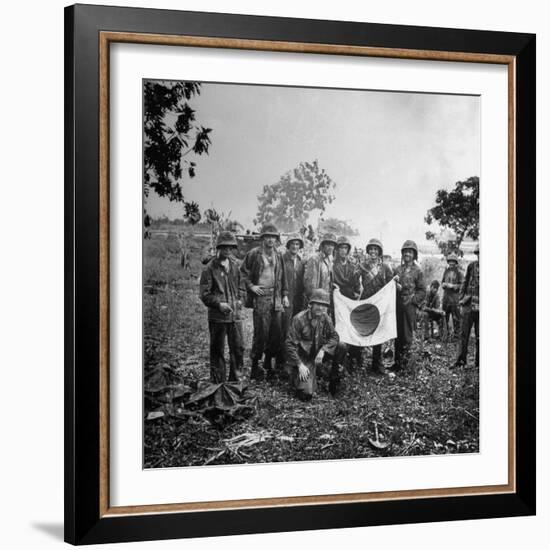 US Marines Holding Japanese Flag Captured During First Days of the Saipan Offensive-Peter Stackpole-Framed Photographic Print