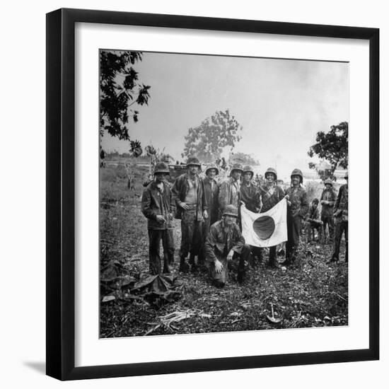 US Marines Holding Japanese Flag Captured During First Days of the Saipan Offensive-Peter Stackpole-Framed Photographic Print