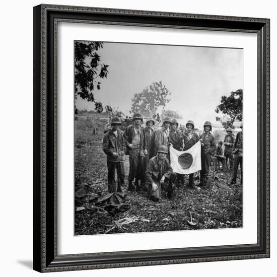 US Marines Holding Japanese Flag Captured During First Days of the Saipan Offensive-Peter Stackpole-Framed Photographic Print