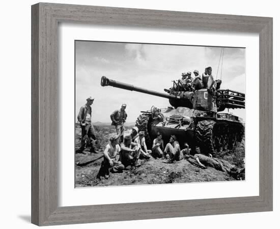 US Marines Relaxing on the Battlefield after Cease-Fire-null-Framed Photographic Print