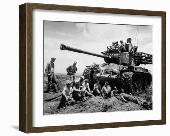 US Marines Relaxing on the Battlefield after Cease-Fire-null-Framed Photographic Print