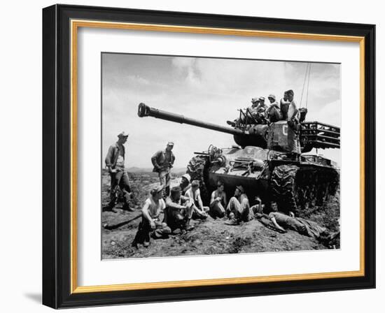 US Marines Relaxing on the Battlefield after Cease-Fire-null-Framed Photographic Print