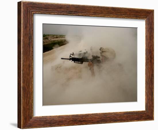 US Marines Return Fire on Taliban Positions Near the Town of Garmser in Afghanistan-null-Framed Photographic Print