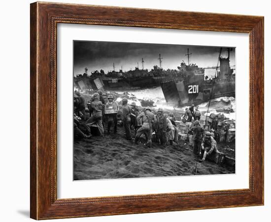 US Marines Unload Equipment and Supplies Onto the Sands of Iwo Jima from Large Coast Guard-null-Framed Photographic Print