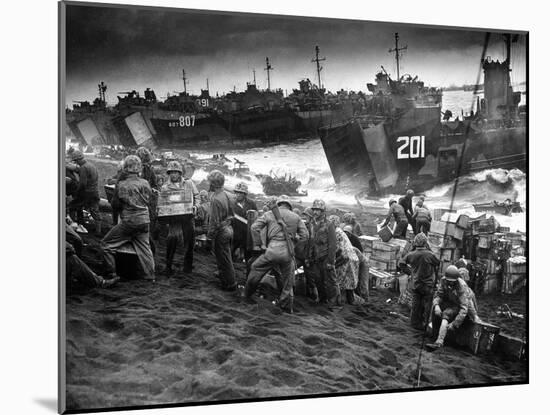 US Marines Unload Equipment and Supplies Onto the Sands of Iwo Jima from Large Coast Guard-null-Mounted Photographic Print