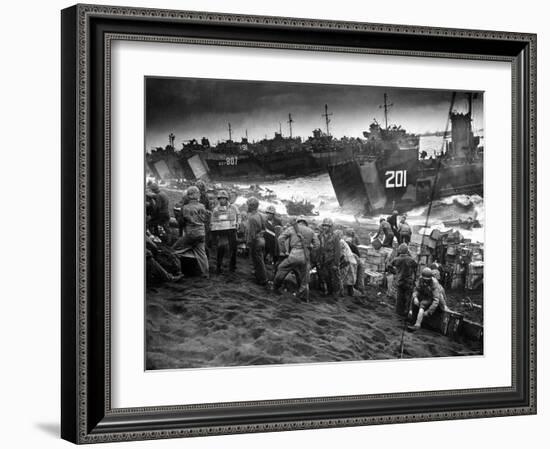 US Marines Unload Equipment and Supplies Onto the Sands of Iwo Jima from Large Coast Guard-null-Framed Photographic Print
