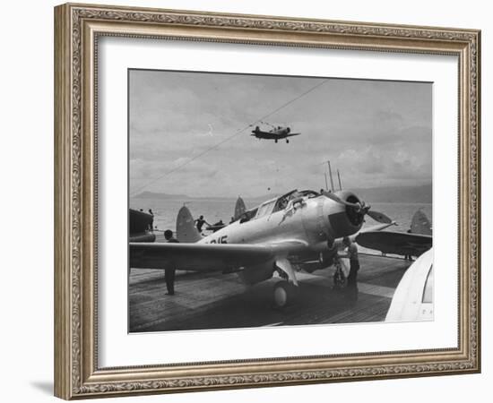 US Navy Bombers Sitting on Deck of Aircraft Carrier-null-Framed Photographic Print