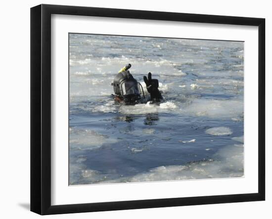 US Navy Diver Signals He is Okay During a Training Mission in the Icy Thames River-Stocktrek Images-Framed Photographic Print