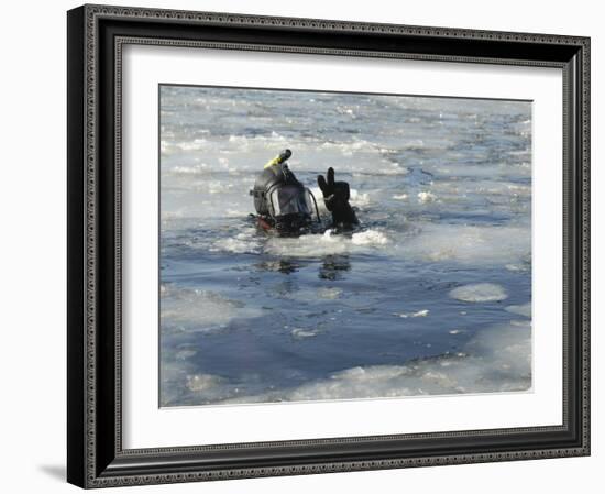US Navy Diver Signals He is Okay During a Training Mission in the Icy Thames River-Stocktrek Images-Framed Photographic Print