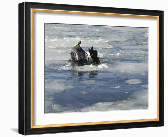 US Navy Diver Signals He is Okay During a Training Mission in the Icy Thames River-Stocktrek Images-Framed Photographic Print