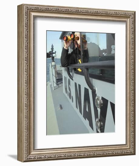 Us Navy Mate Looks Through Binoculars as He Patrols the Coastal Waters of the Persian Gulf-Stocktrek Images-Framed Photographic Print