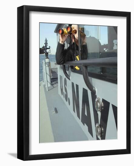 Us Navy Mate Looks Through Binoculars as He Patrols the Coastal Waters of the Persian Gulf-Stocktrek Images-Framed Photographic Print