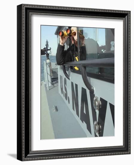 Us Navy Mate Looks Through Binoculars as He Patrols the Coastal Waters of the Persian Gulf-Stocktrek Images-Framed Photographic Print