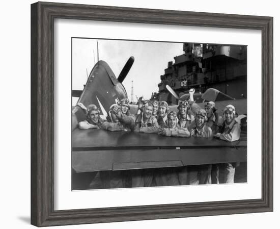 US Navy Pilots Give Grinning Group Portrait Across Tail of F-6F Hellcat on Board USS Lexington-Edward J^ Steichen-Framed Photographic Print