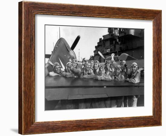 US Navy Pilots Give Grinning Group Portrait Across Tail of F-6F Hellcat on Board USS Lexington-Edward J^ Steichen-Framed Photographic Print