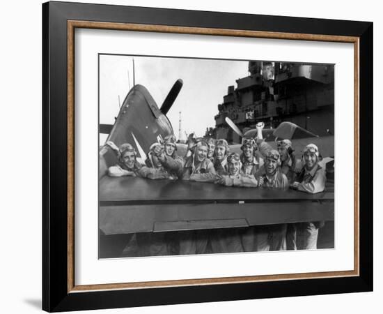 US Navy Pilots Give Grinning Group Portrait Across Tail of F-6F Hellcat on Board USS Lexington-Edward J^ Steichen-Framed Photographic Print