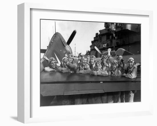 US Navy Pilots Give Grinning Group Portrait Across Tail of F-6F Hellcat on Board USS Lexington-Edward J^ Steichen-Framed Photographic Print