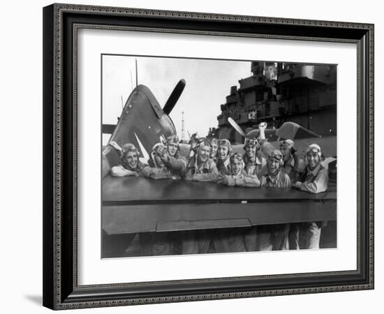 US Navy Pilots Give Grinning Group Portrait Across Tail of F-6F Hellcat on Board USS Lexington-Edward J^ Steichen-Framed Photographic Print