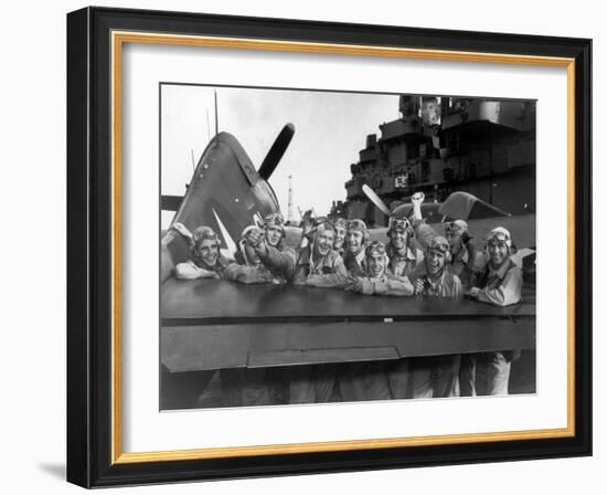 US Navy Pilots Give Grinning Group Portrait Across Tail of F-6F Hellcat on Board USS Lexington-Edward J^ Steichen-Framed Photographic Print