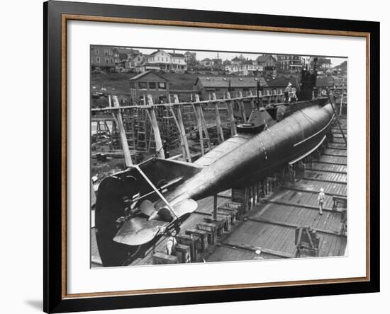 US Navy's Submarine Being Prepped for Launching at Submarine Base-Carl Mydans-Framed Premium Photographic Print