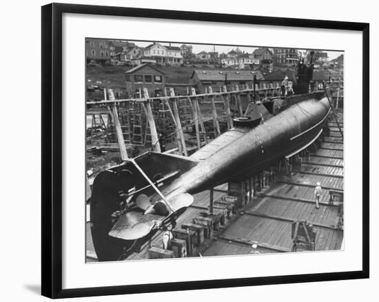 US Navy's Submarine Being Prepped for Launching at Submarine Base-Carl Mydans-Framed Premium Photographic Print