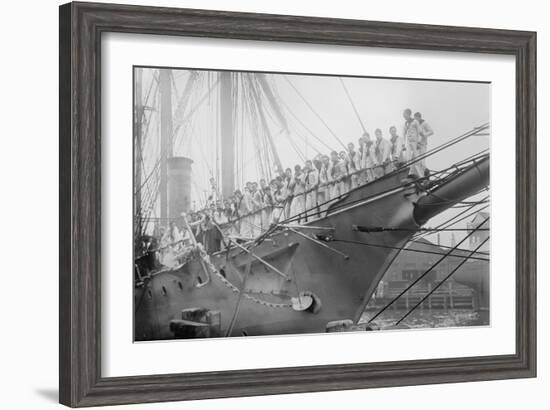 Us Navy Sailors on the Newport Training Ship Lined Up on Bowsprit-null-Framed Art Print