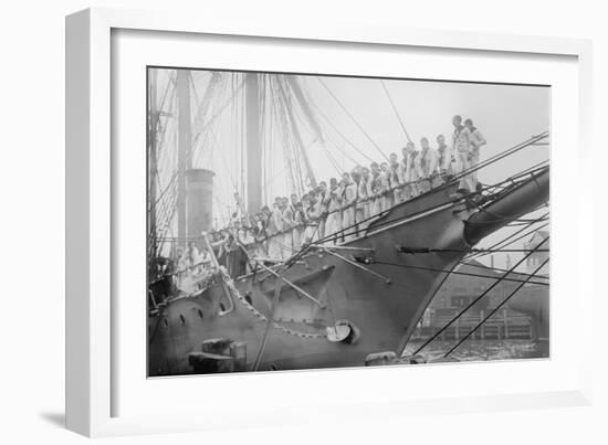 Us Navy Sailors on the Newport Training Ship Lined Up on Bowsprit-null-Framed Art Print