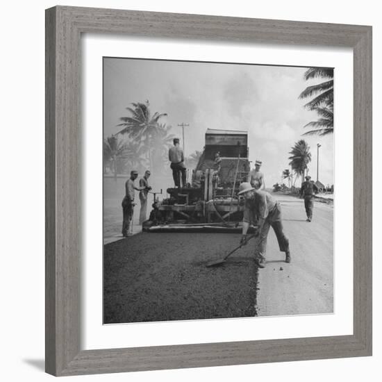 US Navy Seabees Spreading Asphalt During Creation of Air Base-J^ R^ Eyerman-Framed Photographic Print