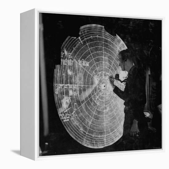 US Navy Technician Marking Radar Data on Chart, Tracking Enemy Japanese Ships in WWII Pacific-null-Framed Premier Image Canvas