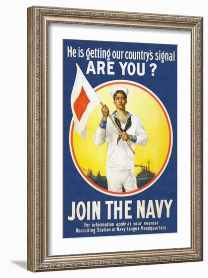 US Navy Vintage Poster - He Is Getting Our Country's Signal-Lantern Press-Framed Art Print