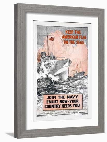 US Navy Vintage Poster - Keep the America Flag on the Seas-Lantern Press-Framed Art Print