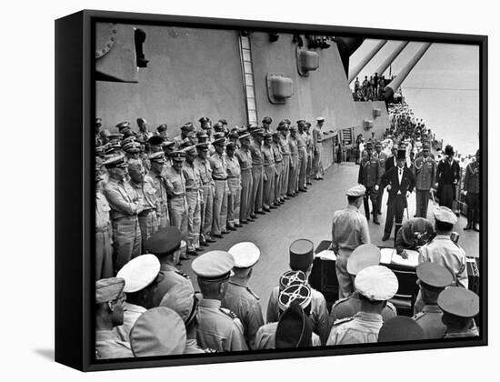 US Officers Line Deck of USS Missouri as Japanese Delegation Prepares to Sign Surrender Documents-Carl Mydans-Framed Premier Image Canvas