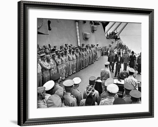 US Officers Line Deck of USS Missouri as Japanese Delegation Prepares to Sign Surrender Documents-Carl Mydans-Framed Premium Photographic Print