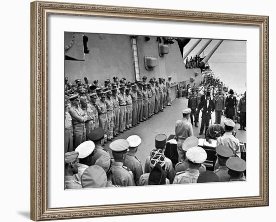 US Officers Line Deck of USS Missouri as Japanese Delegation Prepares to Sign Surrender Documents-Carl Mydans-Framed Premium Photographic Print