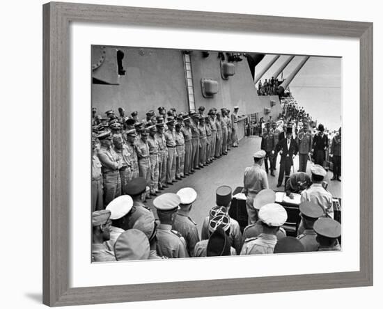 US Officers Line Deck of USS Missouri as Japanese Delegation Prepares to Sign Surrender Documents-Carl Mydans-Framed Premium Photographic Print