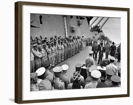 US Officers Line Deck of USS Missouri as Japanese Delegation Prepares to Sign Surrender Documents-Carl Mydans-Framed Premium Photographic Print