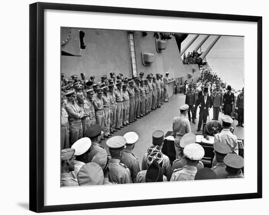 US Officers Line Deck of USS Missouri as Japanese Delegation Prepares to Sign Surrender Documents-Carl Mydans-Framed Premium Photographic Print