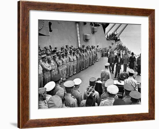 US Officers Line Deck of USS Missouri as Japanese Delegation Prepares to Sign Surrender Documents-Carl Mydans-Framed Premium Photographic Print