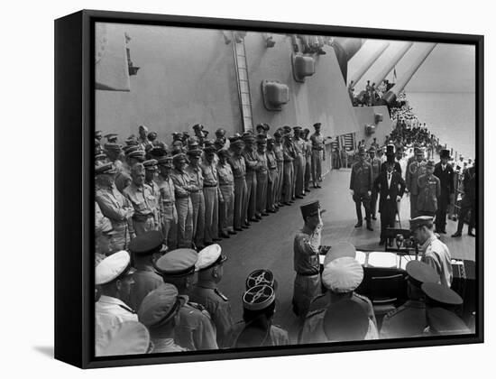 US Officers Line Deck of USS Missouri as Japanese Delegation Prepares to Sign Surrender Documents-Carl Mydans-Framed Premier Image Canvas