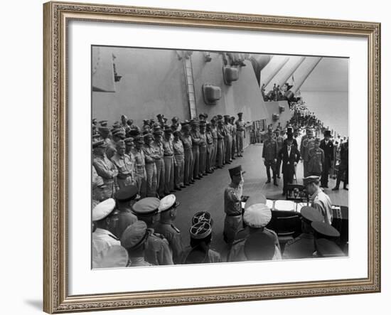 US Officers Line Deck of USS Missouri as Japanese Delegation Prepares to Sign Surrender Documents-Carl Mydans-Framed Premium Photographic Print