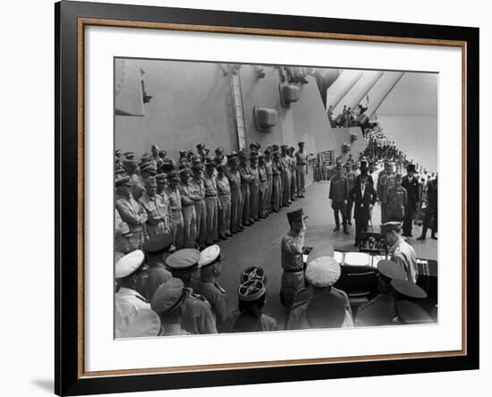 US Officers Line Deck of USS Missouri as Japanese Delegation Prepares to Sign Surrender Documents-Carl Mydans-Framed Premium Photographic Print