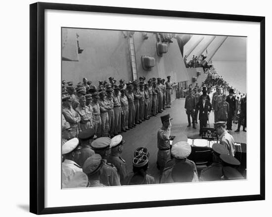 US Officers Line Deck of USS Missouri as Japanese Delegation Prepares to Sign Surrender Documents-Carl Mydans-Framed Premium Photographic Print