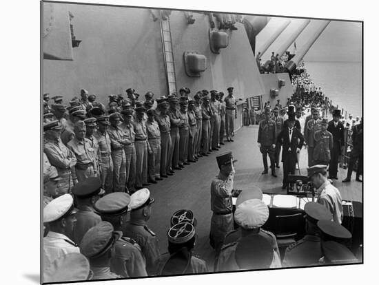 US Officers Line Deck of USS Missouri as Japanese Delegation Prepares to Sign Surrender Documents-Carl Mydans-Mounted Premium Photographic Print