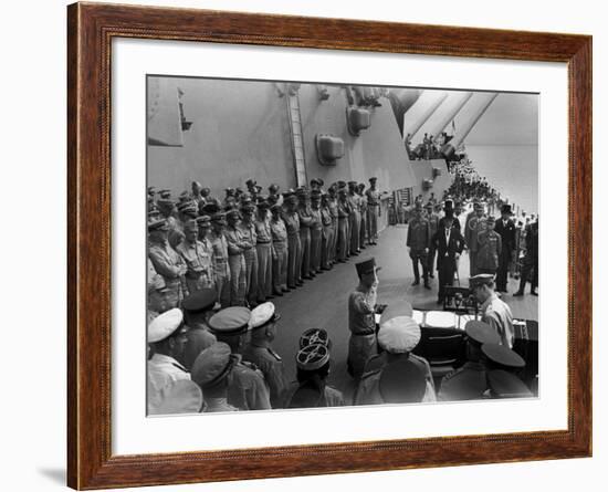 US Officers Line Deck of USS Missouri as Japanese Delegation Prepares to Sign Surrender Documents-Carl Mydans-Framed Premium Photographic Print