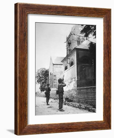 Us Paratrooper Fires into Church Steeple at Sainte Mere Eglise to Clear Enemy Sniper, 6th June 1944-null-Framed Photographic Print