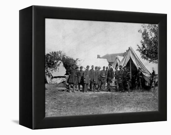 US Pres. Abraham Lincoln Standing on Campsite with Group of Federal Officers on Battlefield-Alexander Gardner-Framed Premier Image Canvas