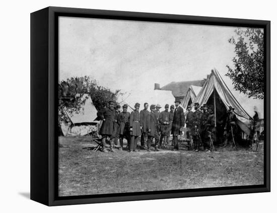 US Pres. Abraham Lincoln Standing on Campsite with Group of Federal Officers on Battlefield-Alexander Gardner-Framed Premier Image Canvas